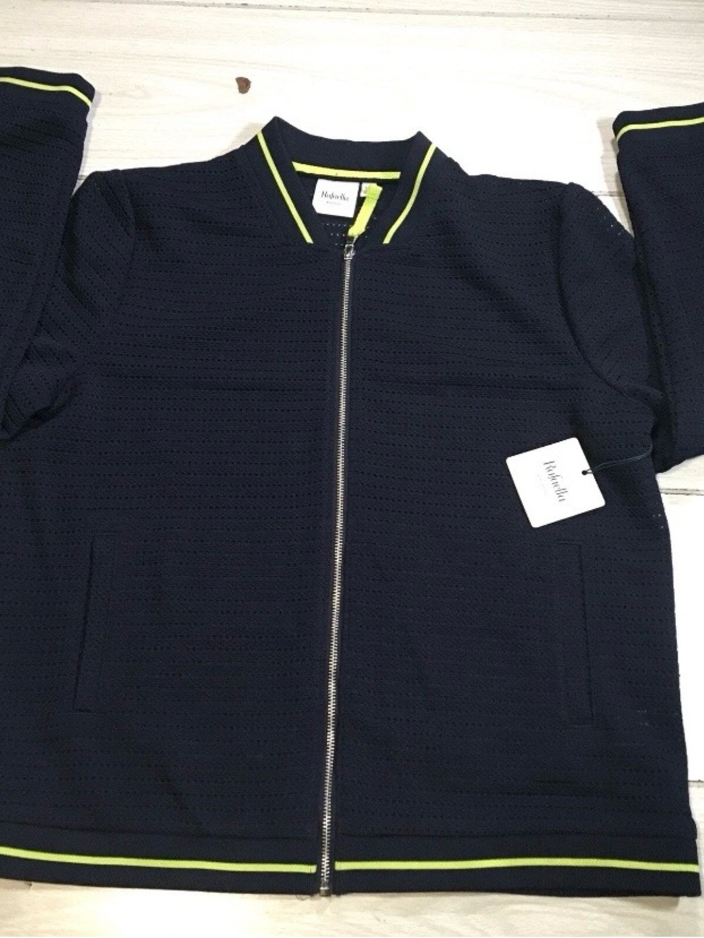Rafaella Weekend Women Navy Blue Neon Yellow Trim Full Zip Bomber Jacket L NWT!